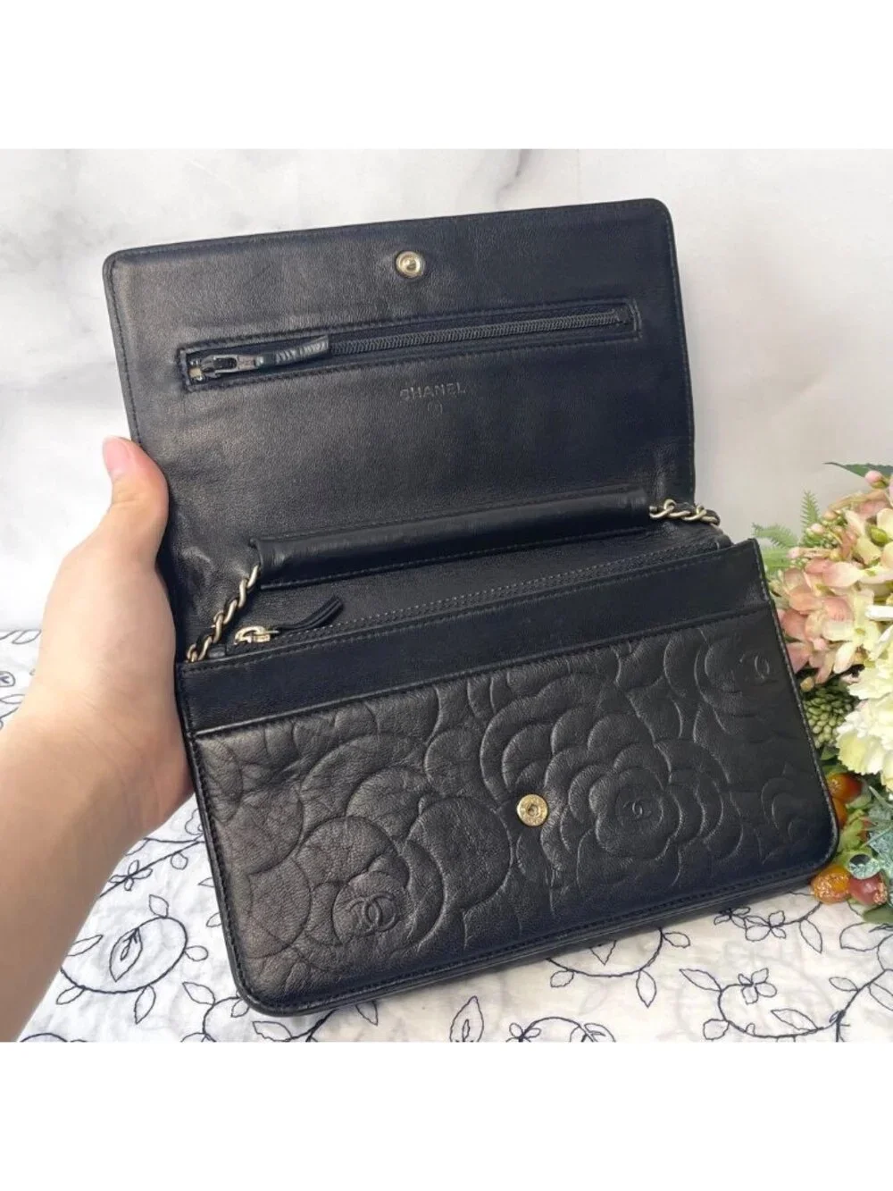 Chanel Chain Wallet Camellia Black Shoulder